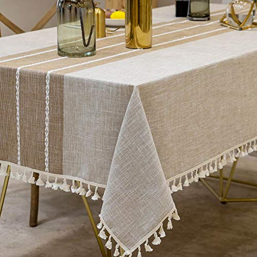 Product Cover Deep Dream Tablecloths, Stitching Tassel Table Cloth,Cotton Linens Wrinkle Free Anti-Fading,Table Cover Decoration for Kitchen Dinning Party (Rectangle/Oblong, 55''x102'',8-10 Seats, Light Coffee)
