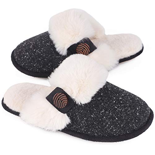 Product Cover HomeTop Women's Cute Comfy Fuzzy Knitted Memory Foam Slip On House Slippers Indoor (37-38 (US Women's 7-8), Black)