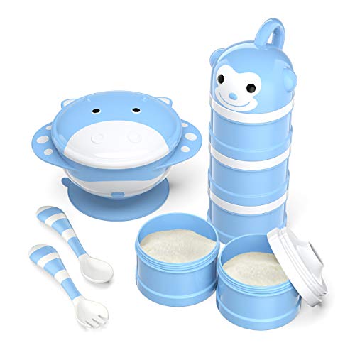 Product Cover BabyKing Baby Feeding Set, Harmless & Cartoon, Baby Suction Bowl Set, Children Tableware Set, Suction Bowl, Spoons Forks Set, Milk Powder Dispensers for Baby's 3 Meals (Blue)