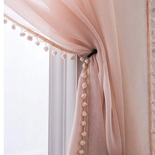 Product Cover Selectex Linen Look Pom Pom Tasseled Sheer Curtains - Rod Pocket Voile Curtains for Living and Bedroom, Set of 2 Curtain Panels (52 x 63 inch, Blush)