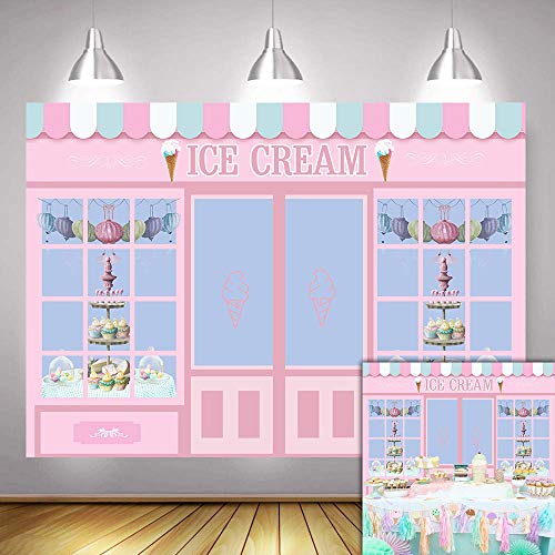 Product Cover Fanghui 7x5FT Ice Cream Party Backdrop Cute Pink Photo Studio Parlor Door Window Cake Princess Birthday Party Banner Wallpaper Photography Backdrops for Picture