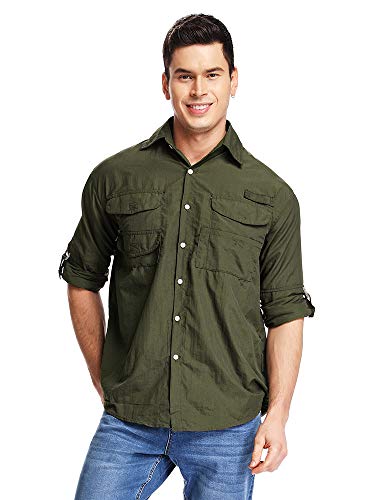 Product Cover Men's Long Sleeve Fishing Shirts, Sun Protection Breathable Quick Dry Casual for Work Travel Hiking M5022,Army Green,L