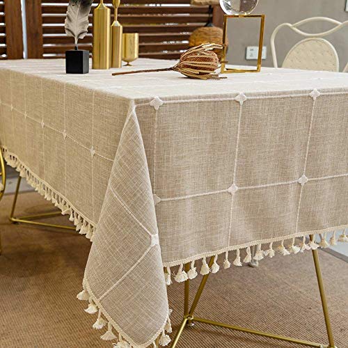 Product Cover Deep Dream Tablecloths, Embroidered Checkered Table Cloth Cotton Linen Wrinkle Free Anti-Fading Table Cover Decoration for Kitchen Dinning Party, 55 x 86 Inch - Light Brown