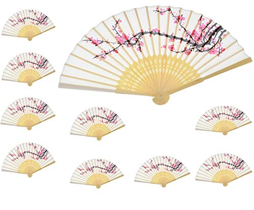 Product Cover Aloddy 10 PCS Delicate Cherry Blossom Design Silk Folding Hand Fan Wedding Favors Gifts,Fan Girls, Ladies, Church Wedding Gift, Party Favors, DIY Decoration