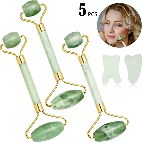 Product Cover 5 Pieces Jade Roller Jade Massage Roller Jade Stone Face Roller and Pieces Jade Gua Sha Tool Massage Scraping Tools for Face Neck Body Massage