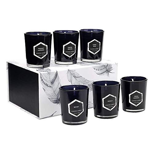 Product Cover YINUO LIGHT Scented Candles Gifts Set, Natural Soy Wax 6 x 2.5 Oz Black Glass Jar Candles with Strongly Fragrance Essential Oils for Stress Relief and Aromatherapy