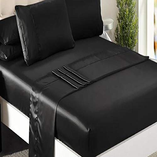 Product Cover Niagara Sleep Solution Queen Bed Sheet Set 4 Pieces Black Silky Smooth Bridal Satin Deep Pocket Fitted, Flat, 2 Pillow Cases Wrinkle Stain, Fade Resistant (Black Satin, Queen)