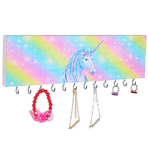Product Cover Beinou Wood Jewelry Organizer Wall Mount Rainbow Unicorn Jewelry Holder with 12 pcs Rotatable Hooks Girls Jewelry Storage Hanger for Earrings Necklaces Bracelets