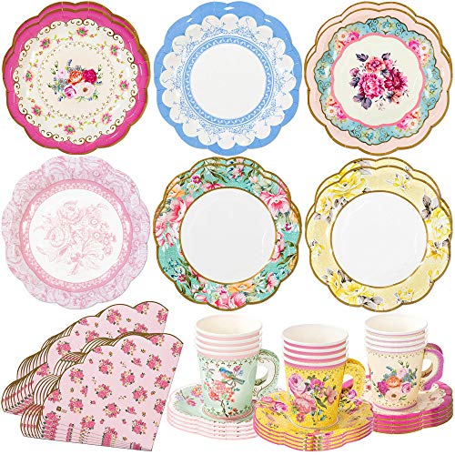 Product Cover Talking Tables Vintage Floral Tea Party Supplies | Scalloped Paper Plates, Napkins, Tea Cups and Saucer Sets | Also Great for Wedding Parties, Bridal Shower, Baby Shower and Birthday Party