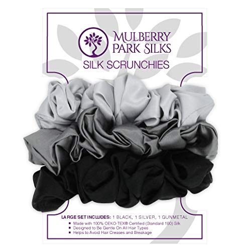 Product Cover Mulberry Park Silks - Large - Black/Silver/Gunmetal (3 Pack) - 100% Pure Silk Hair Scrunchies - Gentle On All Hair Types - OEKO-TEX Certified