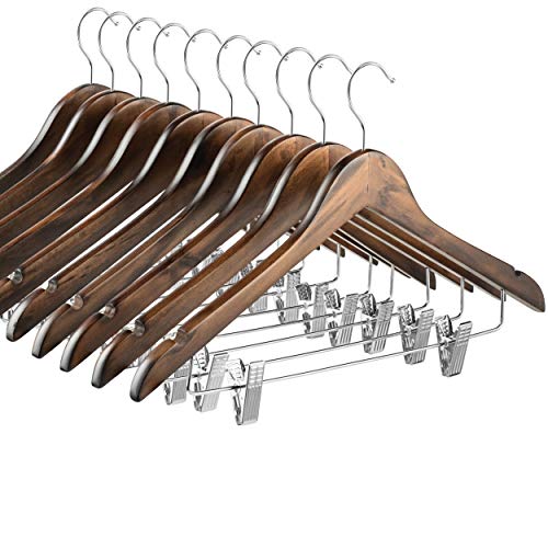 Product Cover High-Grade Wooden Suit Hangers Skirt Hangers with Clips (10 Pack) Smooth Solid Wood Pants Hangers with Durable Adjustable Metal Clips, 360° Swivel Hook, Shoulder Notches for Dress Coat, Jacket, Blouse