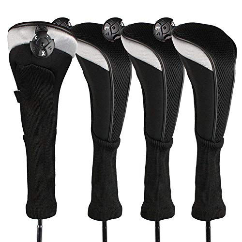 Product Cover Golf Club Head Covers Woods Hybrids Value 3/4 Pack, Headcovers Men Women Long Neck 3 5 7 X with Interchangeable Number Tag, Fit All Hybrid Clubs Nike Ping Mizuno Titleist (Black, 3 Pack Hybrid Cover)