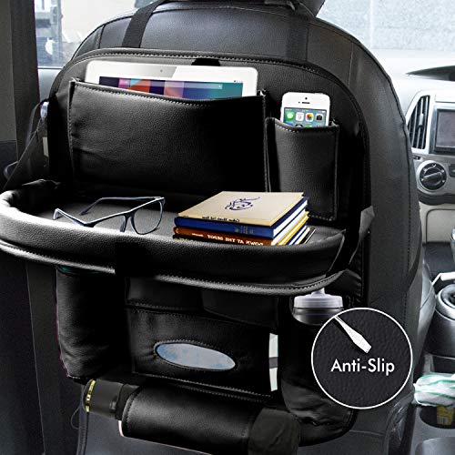 Product Cover EYUVAA LABEL PU Leather Car Back seat Organizer with Foldable Dining Table Tray Waterproof Storage Pockets with Tablet, Mobile, Bottle, Tissue Box and Umbrella Holder (Black)