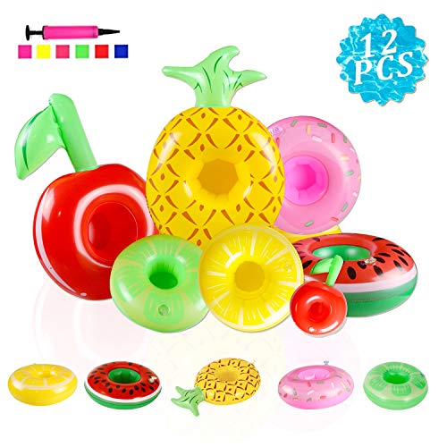 Product Cover TIANSS 12PCS Inflatable Drink Holders Drink Floats Inflatable Cup Coasters Supplies Toys Pineapple Fruits Cup Holders for Summer Water Fun Kids Bath Toys and Pool Party （with Free AIR Pump）