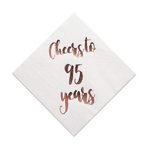 Product Cover Cheers to 95 Years Cocktail Napkins, 50-Pack 3ply White Rose Gold 95th Birthday Dinner Celebration Party Decoration Napkin