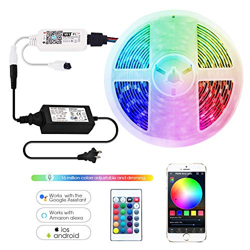 Product Cover Smart RGBW LED Strip Lights Kit Compatible with Alexa and Google Assistant,Smart Wireless WiFi LED Controller with 24 Keys Romote, and UL Listed Adapter 12V,No Hub Required