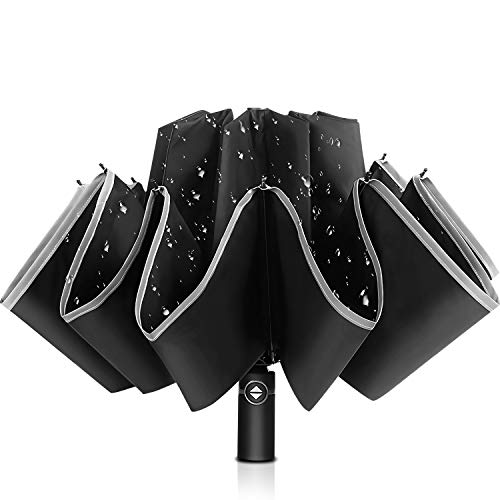 Product Cover Bodyguard Inverted Umbrella, Windproof Umbrella,12 Ribs Reverse Umbrella with Reflective Stripe, Teflon Umbrella in Rain and Sun, Leather Cover for Women and Men