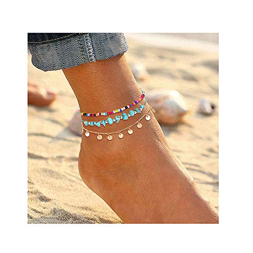 Product Cover YAHPERN Anklets for Women Girls Color Beads Turquoise Drop Sequin Charm Adjustable Ankle Bracelets Set Boho Multilayer Beach Foot Jewelry (Gold)