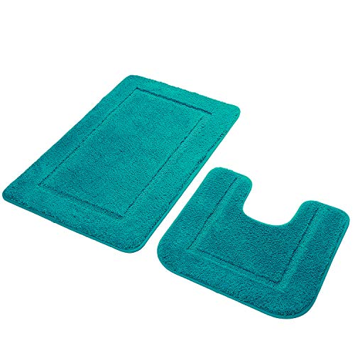 Product Cover LOCHAS Microfiber 2-Piece Bath Rug Set, Shaggy Absorbent Bathroom Rugs Mats 34''x20'' & Non Slip Contour Toilet Rug 20''x20'', Washable Rugs Shower Carpets, Teal Blue