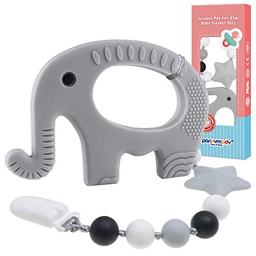 Product Cover Panny & Mody Baby Teether Teething Toys BPA Free - Silicone Elephant Teether with Pacifier Clip for Newborn Babies Boys and Girls - Freezer Safe | Baby Shower Gift - Unisex Infant Chew Toy(Grey)