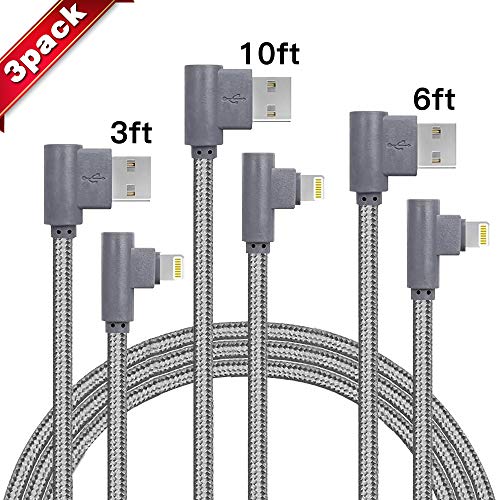 Product Cover Right Angle iPhone Charger 3 Pack(3/6/10FT) 90 Degree Data Cable Nylon Braided Compatible with iPhone X / 8 Plus / 8/7 Plus / 7 / 6s Plus / 6s / 6 Plus(Gray)