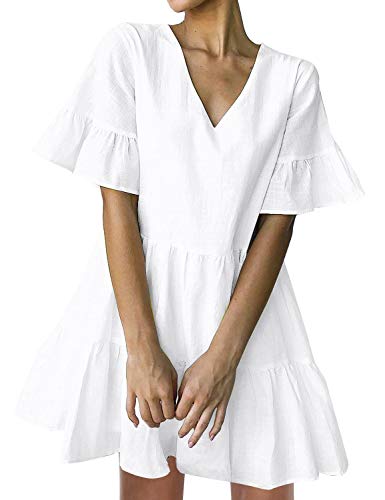 Product Cover FANCYINN Women's Cute Shift Dress with Pockets Fully Lined Bell Sleeve Ruffle Hem V Neck Loose Swing Tunic Mini Dress