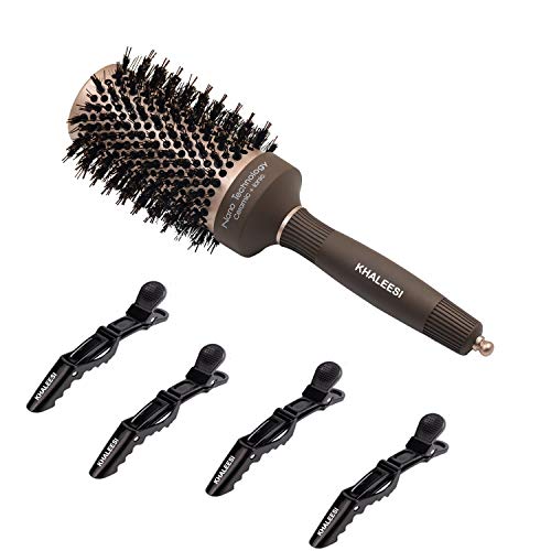 Product Cover Khaleesi Round Hair Brush with 4 pcs Hair Clips, Boar Bristles, Nano Thermal Ceramic Coating & Ionic Tech for Hair Drying, Styling, Curling, Straightening, Hair Volume and Shine (2 Inches)
