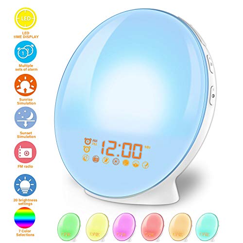 Product Cover Wake Up Light Alarm Clock Lamp Alarm Clock Radio Sunrise Alarm Clock Fading Sunset with 7 Colors Sleep and Wake Up with PM Radio Light Alarm Clock Alarm Clock for Sleep Kids,Adults (White)