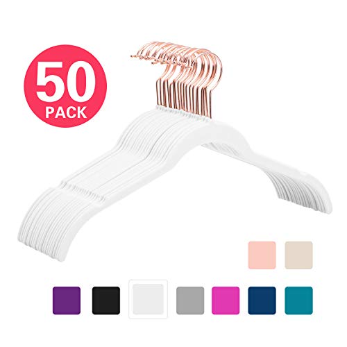 Product Cover MIZGI Premium Velvet Shirt Hangers (Pack of 50) - Non Slip Felt Dress Hangers White - Copper/Rose Gold Hooks,Space Saving Clothes Hangers (White)