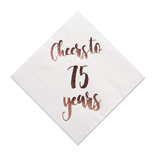 Product Cover Cheers to 75 Years Cocktail Napkins, 50-Pack 3ply White Rose Gold 75th Birthday Dinner Celebration Party Decoration Napkin