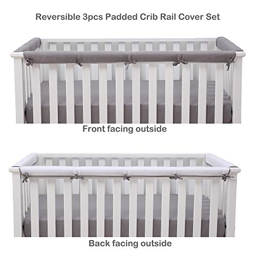 Product Cover Belsden Microfiber Reversible Crib Rail Cover 3 Piece Set for 1 Long and 2 Side Rails, Durable Padded Baby Teething Guard and Protector, Measuring up to 8 inches Around, Gray and White Color