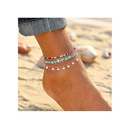 Product Cover YAHPERN Anklets for Women Girls Color Beads Turquoise Drop Sequin Charm Adjustable Ankle Bracelets Set Boho Multilayer Beach Foot Jewelry (Silver)