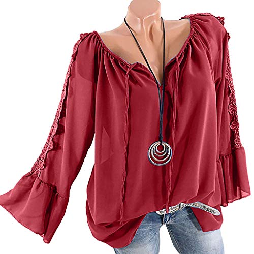 Product Cover Blouse Tops Summer THENLIAN Women Off Shoulder Bandage Lace Chiffon Long Sleeves Plus Size Easy Tops Blouse (Red, S)
