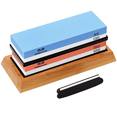 Product Cover Knife Sharpening Stone Set, G.a HOMEFAVOR Professional Premium Whetstone Sharpener Kit, 4 Side Grit 400/1000 3000/8000 Water Stone with Non-slip Bamboo Base and Angle Guide