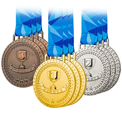 Product Cover Premium Award Medals, Olympic Style, Gold Silver Bronze (Bulk Set of 9), Metal and Ribbon, Prize for Events, Classrooms, or Office Games, 1st 2nd 3rd Place