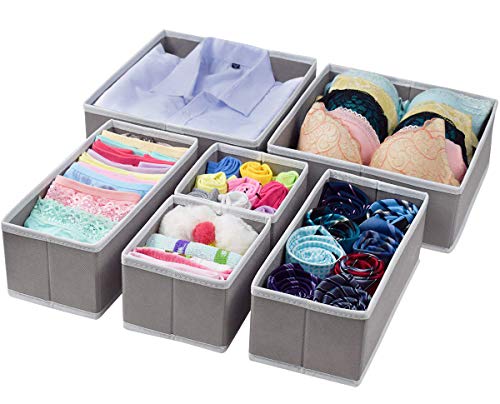 Product Cover homyfort Cloth Dresser Drawer Organizers,Foldable Closet Storage Bins Cubes Dividers for Clothes,Underwear,Lingerie,Bras,Ties,Socks Set of 6 Light Grey