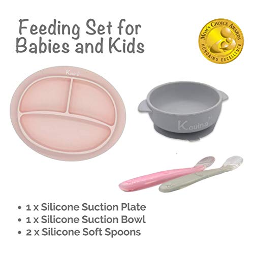 Product Cover Kcuina 4 Pieces Baby Feeding Set- Includes 1 Strong Suction Divided Plate, 1 Strong Suction Bowl, and 2 Soft Spoon Set- Food Grade & FDA Approved Silicone (Pink/Gray)