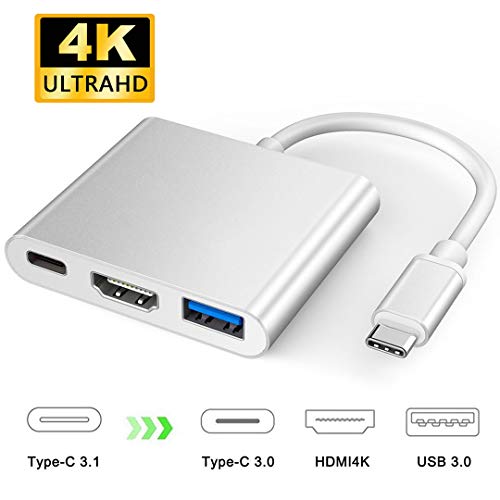 Product Cover XVZ USB C to HDMI 4K Multiport Adapter, 3 in 1 Type C Hub with USB 3.0 + USB C Charging Port Digital Converter Compatible for MacBook/Chromebook Pixel/Dell XPS13/Samsung Galaxy s8/s8 Plus (Silver)