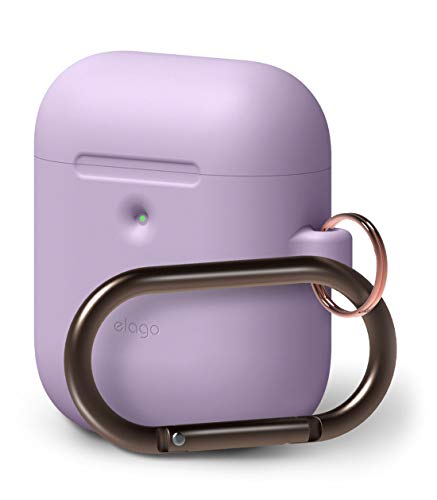 Product Cover elago AirPods 2 Silicone Cover - Compatible with AirPods 2 Wireless Charging Case, Front LED Visible, Extra Protection, Added Carabiner, Latest 2019 Model [Lavender]