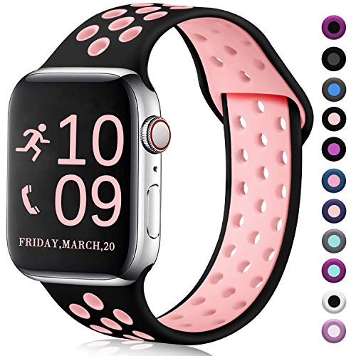Product Cover Zekapu Compatible with Watch Band 40mm 38mm, for Women Men, S/M, Breathable Silicone Sport Replacement Wrist Band Compatible for iWatch Series 5/4/3/2/1,Black-Pink