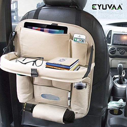 Product Cover EYUVAA LABEL PU Leather Car Backseat Organizer with Foldable Dining Table Tray Waterproof Back Seat Storage Pockets with Tablet, Mobile, Bottle, Tissue Box and Umbrella Holder (Beige)