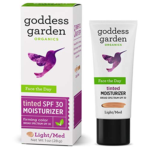 Product Cover Goddess Garden - Tinted Face the Day Daily Mineral SPF 30 Firming Moisturizer - Sensitive Skin, Reef Safe, Non-Nano, Water Resistant, Vegan, Leaping Bunny Cruelty Free - Light/Medium - 1 oz Bottle