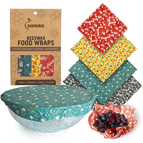 Product Cover Savourio Reusable Beeswax Food Wrap - Eco-Friendly, Organic, Biodegradable Sustainable - Food Storage Wrappers, Alternative To Plastic Bags, Beeswax Cloth, Organic Beeswax Wraps Cling Sandwich