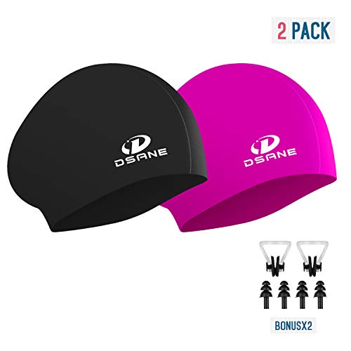 Product Cover Womens Silicone Swim Cap for Long Hair,3D Ergonomic Design Silicone Swimming Caps for Women Kids Men Adults Boys Girls with Ear Plug and Nose Clip (2pack Black&Pink)