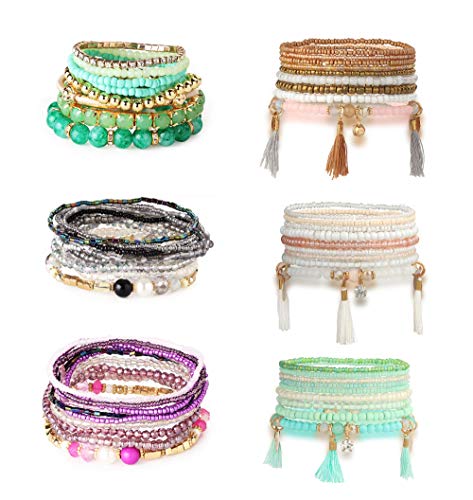 Product Cover Hanpabum 6 Sets Bohemian Beaded Bracelets for Women Girls Multicolor Stretch Multilayered Stackable Bracelet Set