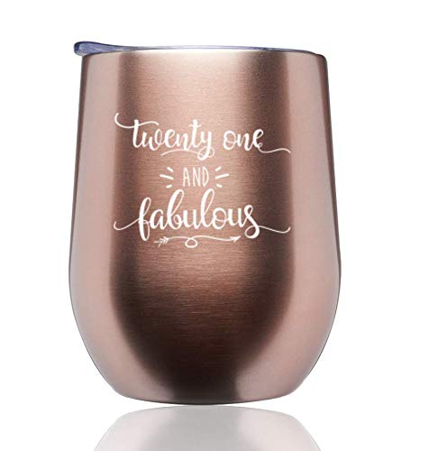 Product Cover 21st Birthday Wine Tumbler | Rose Gold Double Wall Steel Tumbler -Twenty One and Fabulous Wine Tumbler by The Navy Knot - 12Oz Rose Gold Custom Wine Cup - 21st Birthday