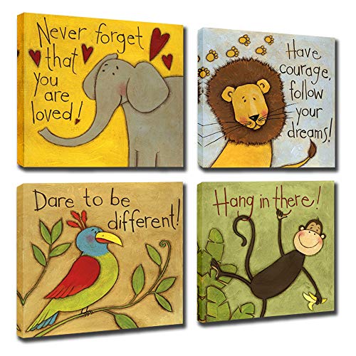 Product Cover Vintage Cartoon Animal Canvas Wall Art Elephant Lion Monkey Parrot Inspiration for Kids Boy Girl Room Decoration,Framed (Animals, 12x12inchx4pcs (30x30cmx4pcs))