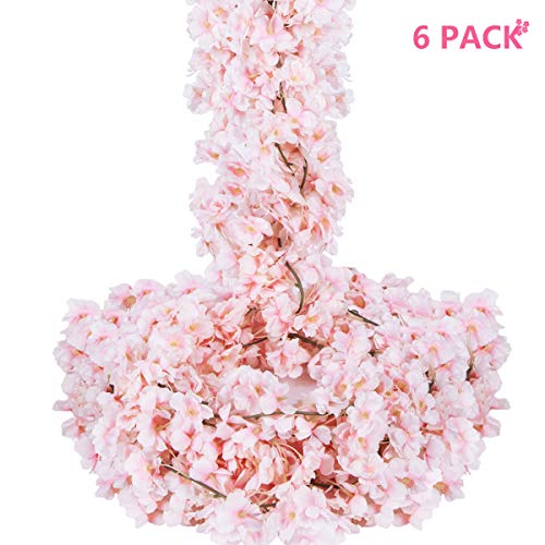 Product Cover Oceanpax Artificial Cherry Blossom 6pcs Silk Flower Garland Pink Hanging Vine for Wedding Party Home Decoration