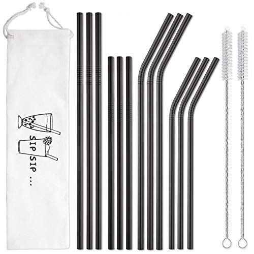 Product Cover Hiware 12-Pack Black Stainless Steel Straws Reusable with Case - Metal Drinking Straws for 30oz and 20oz Tumblers Yeti Dishwasher Safe, 2 Cleaning Brushes Included