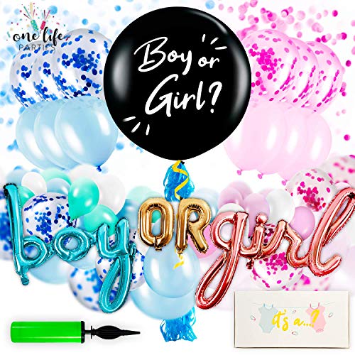 Product Cover Gender Reveal Party Supplies - Decorations Kit for Baby Boy or Girl with Confetti, Pink and Blue Balloons, Large Black Balloon, and Banner Balloons - 97 Pieces